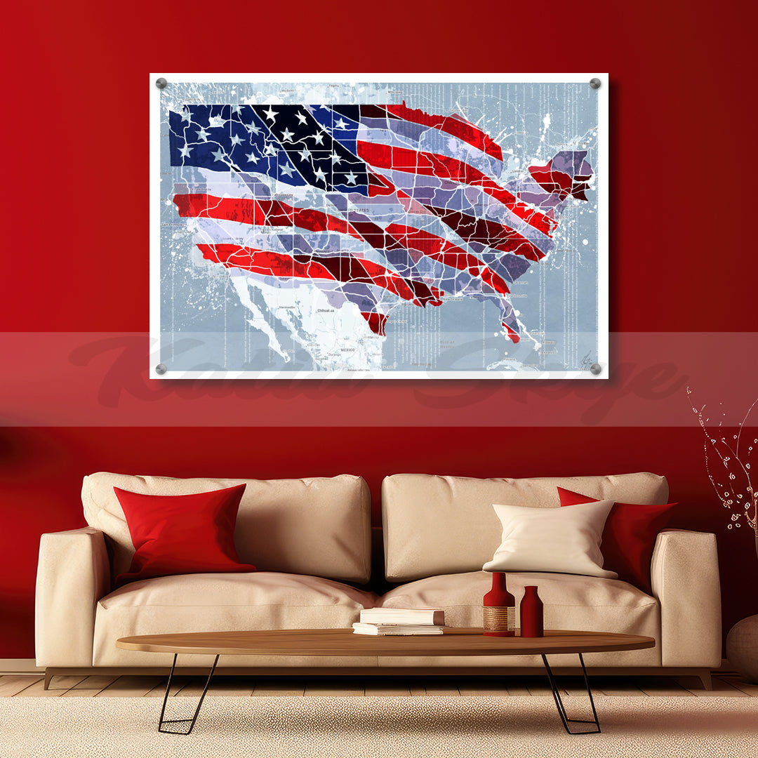 Abstract American Flag Map Wall Art Map Canvas Print Flag Wall Art