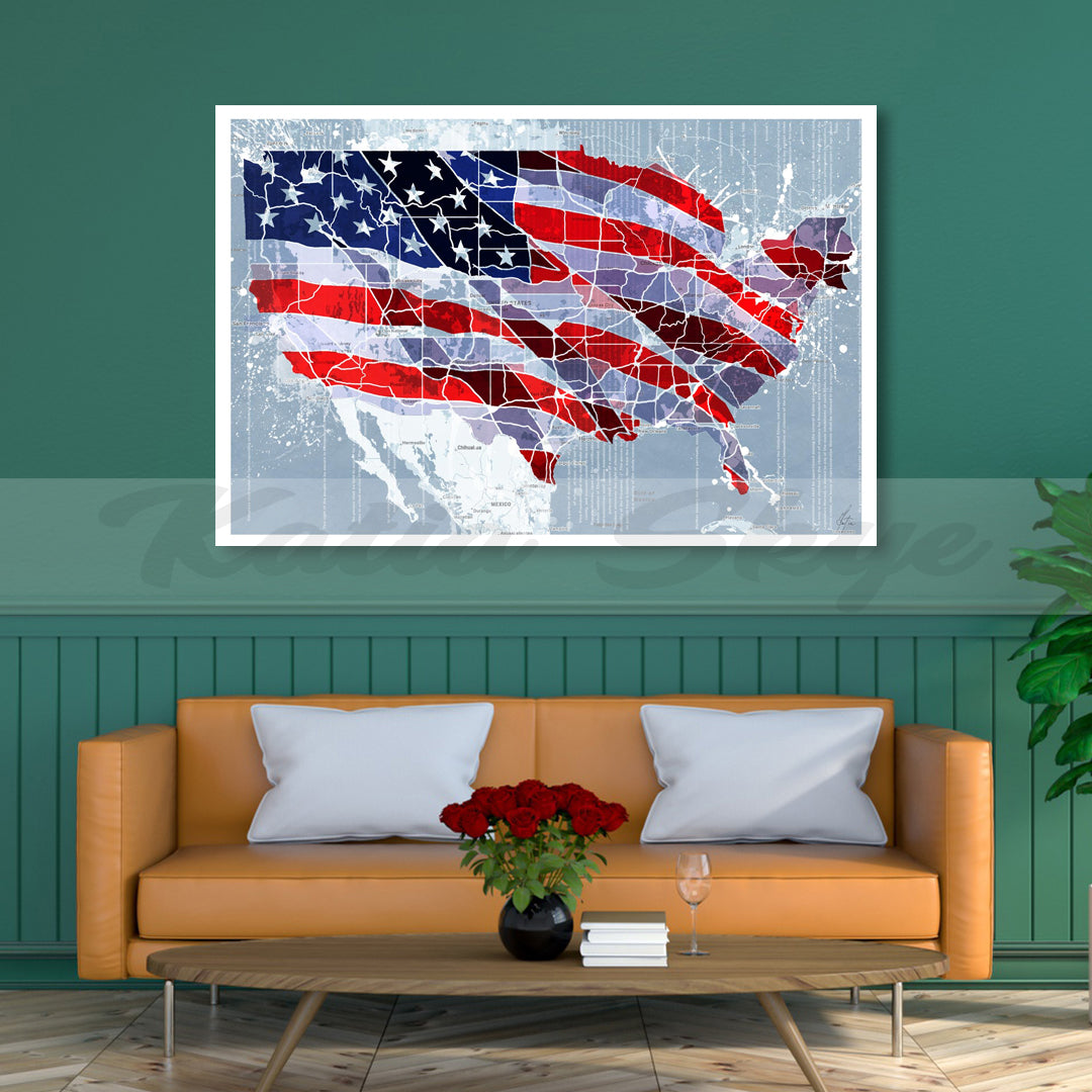 Abstract American Flag Map Wall Art Map Canvas Print Flag Wall Art