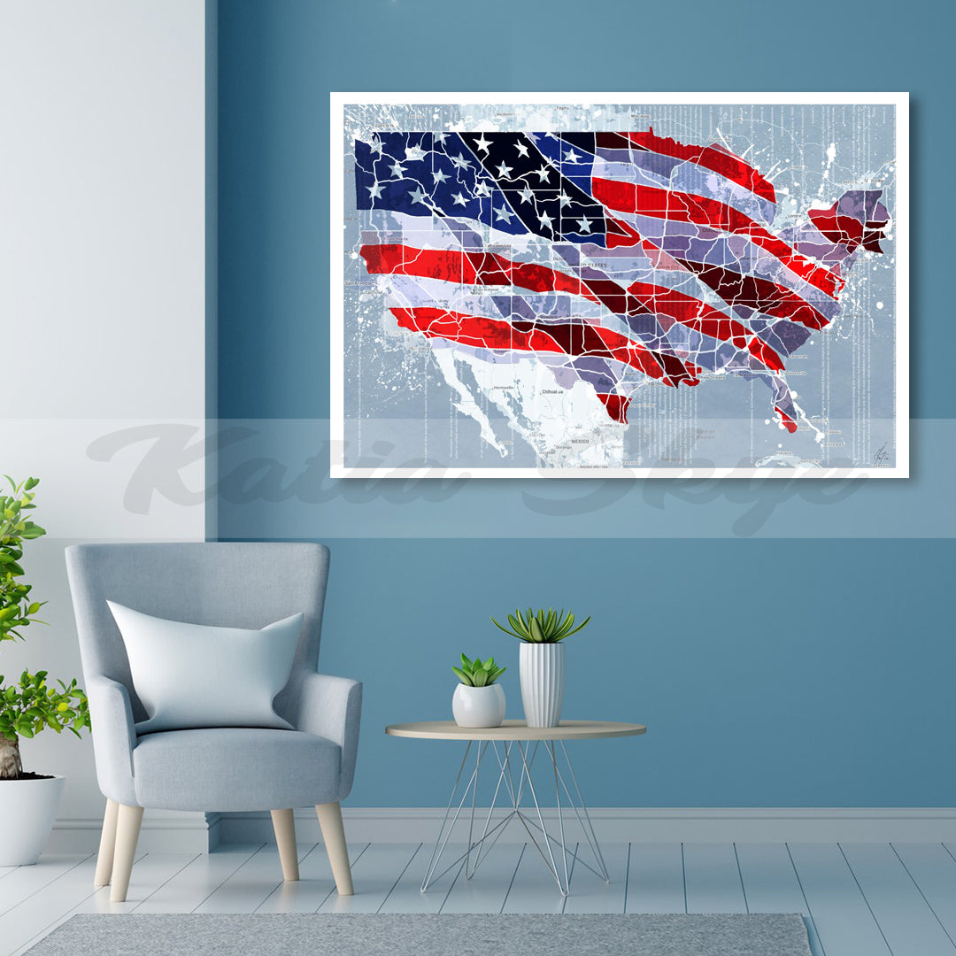 Abstract American Flag Map Wall Art Map Canvas Print Flag Wall Art