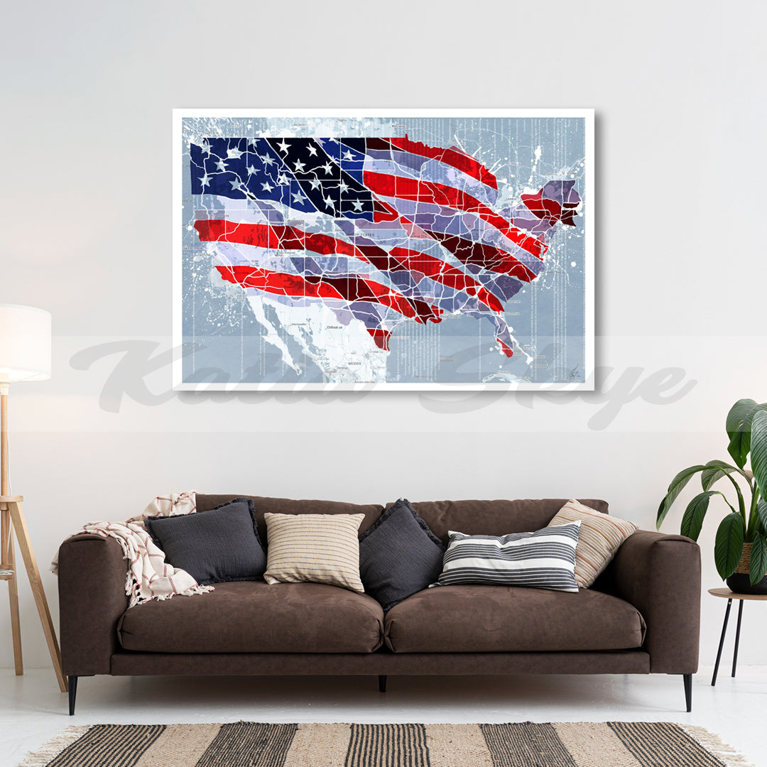 Abstract American Flag Map Wall Art Map Canvas Print Flag Wall Art