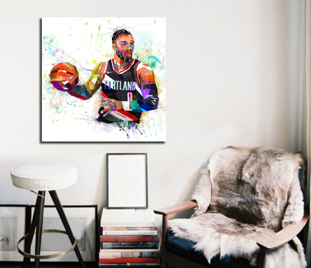 MW MERWEZI Damian Lillard Jersey Art Portland Trail Blazers NBA Wall Art  Home Decor Hand Made Poster Canvas Print(Black Floating Frame, 30x45)